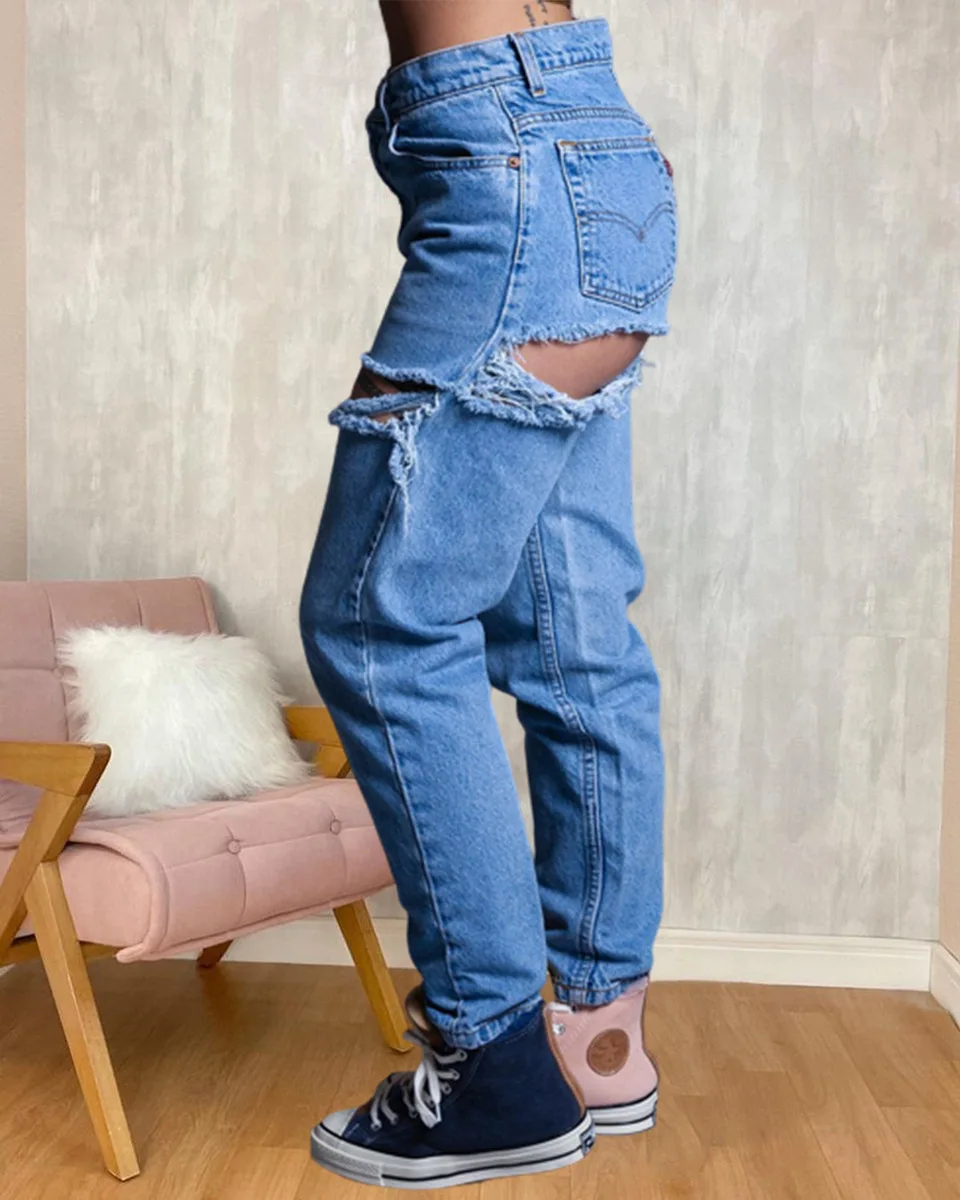 Calça jeans feminina de cintura alta, calça oca, lápis rasgado, roupas de streetwear, calças de inverno, Y2K, 2022