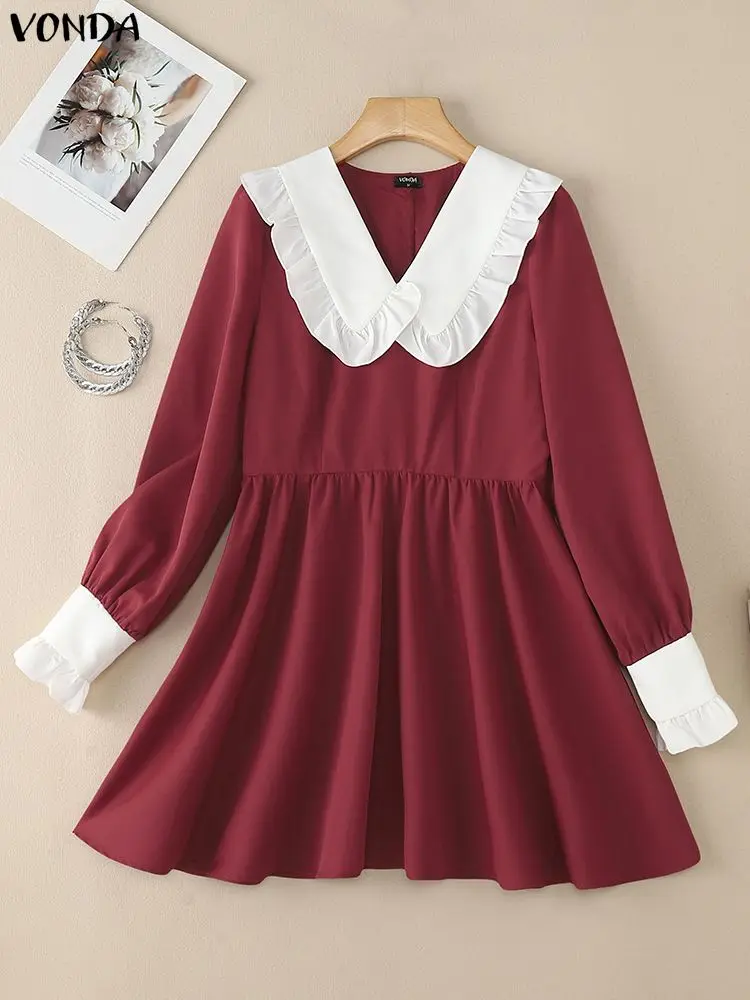 VONDA Elegante Vrouwen Mini Jurken Lange Mouw Peter Pan Kraag Korte Vestidos Herfst Lente Casual Losse Verstoorde Party Gewaad Femme