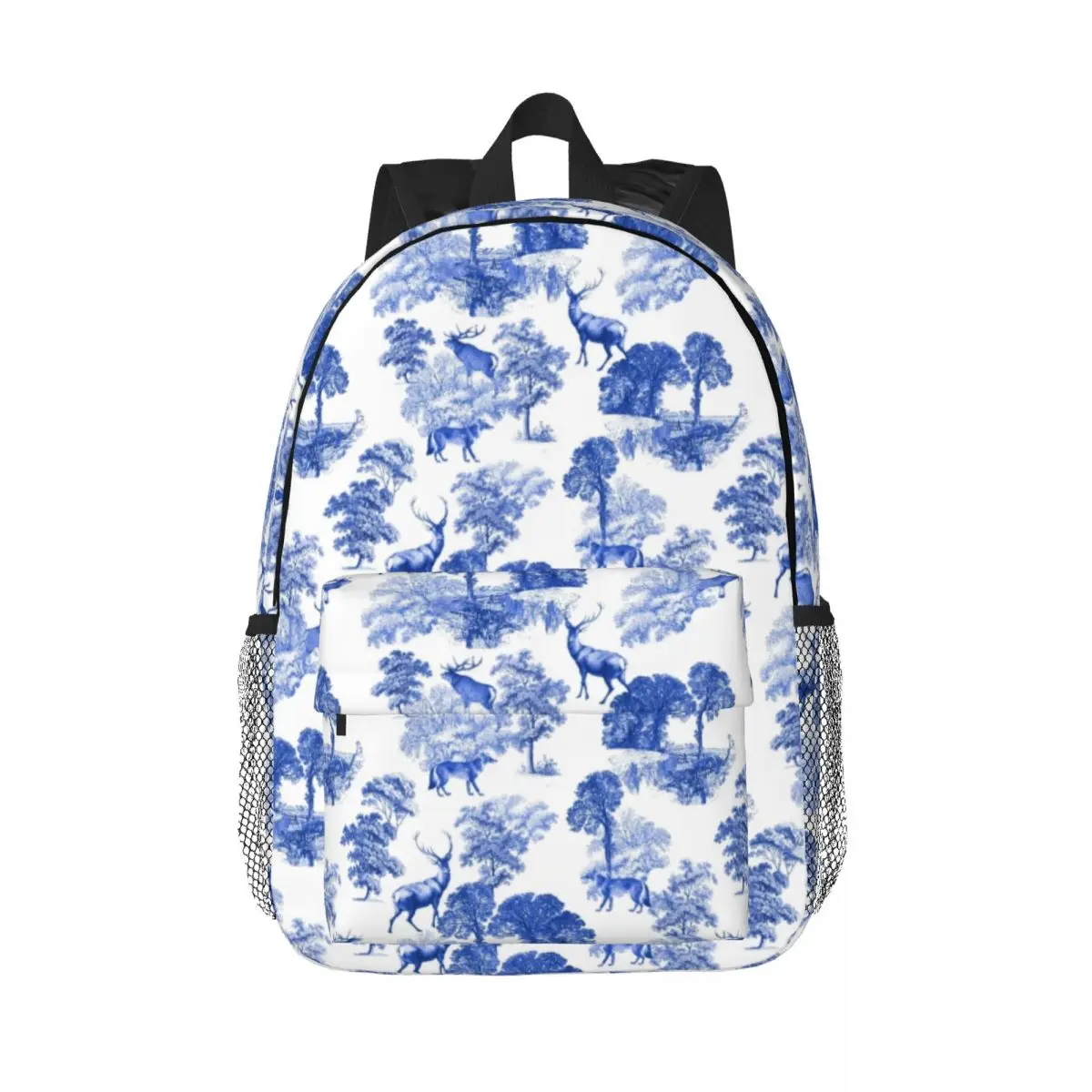 Blue French Toile Deer In Forest zaino Toile De Jouy campagna College School borse da viaggio Bookbag adatto a Laptop da 15 pollici