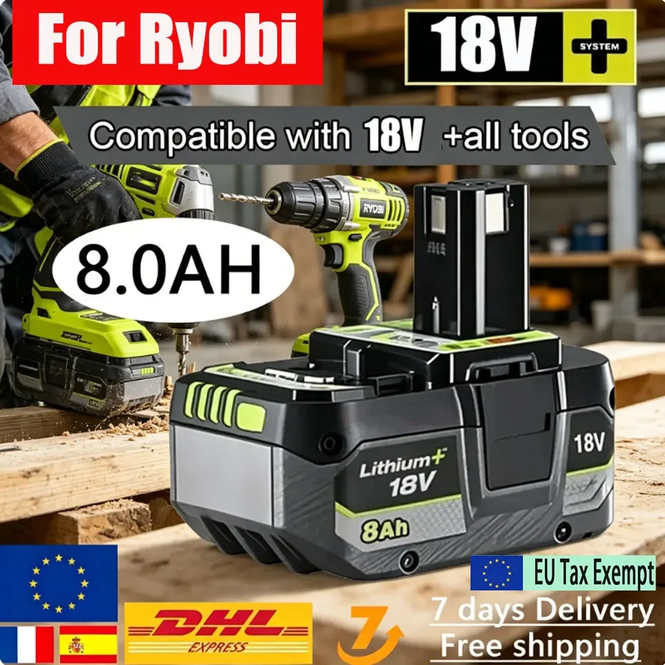 Batteria di ricambio per Ryobi P108 18V 8.0Ah, compatibile con i modelli P203, P204, P210, RB18L50, RB18L20, tecnologia agli ioni di litio, alta capacità.
