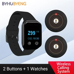 2PCS Wireless Call Button + 1 Watch Receiver Wireless Calling System For Nurse Call Caregiver Pager Elderly Care Clinic