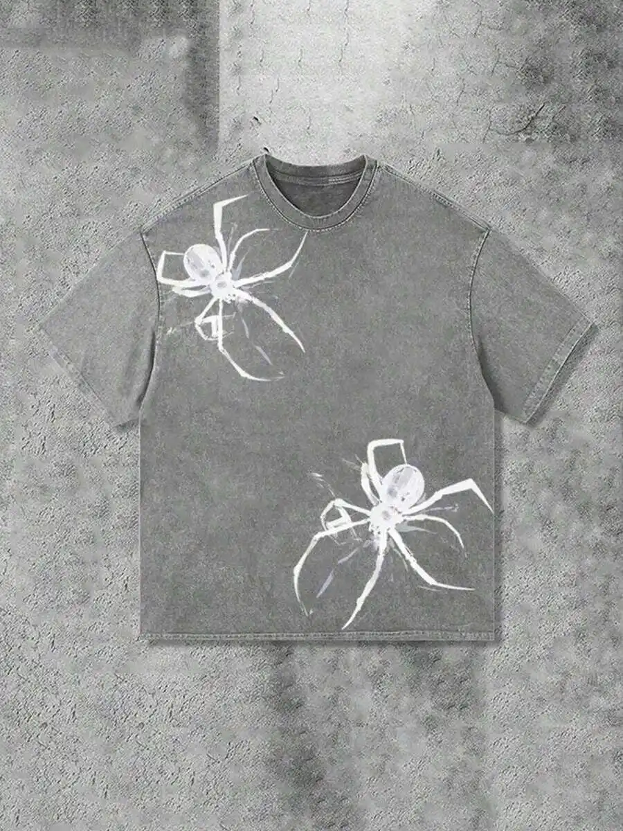 

Washed Grey Cotton T-Shirt With White Spider Graphic Print, Loose Fit Streetwear Tee For Men And Women