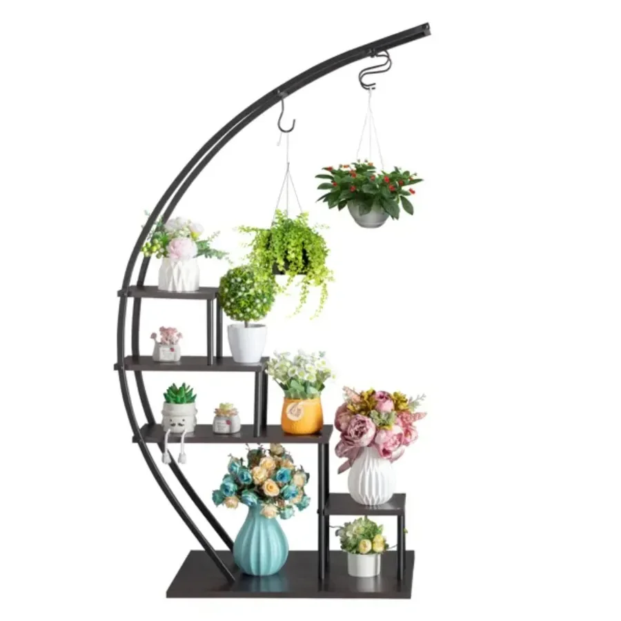

5 Layers Semicircle Iron Wood Suitable For Garden Balcony Patio Lawn Home Dration Plant Stand Flower Pot Stand