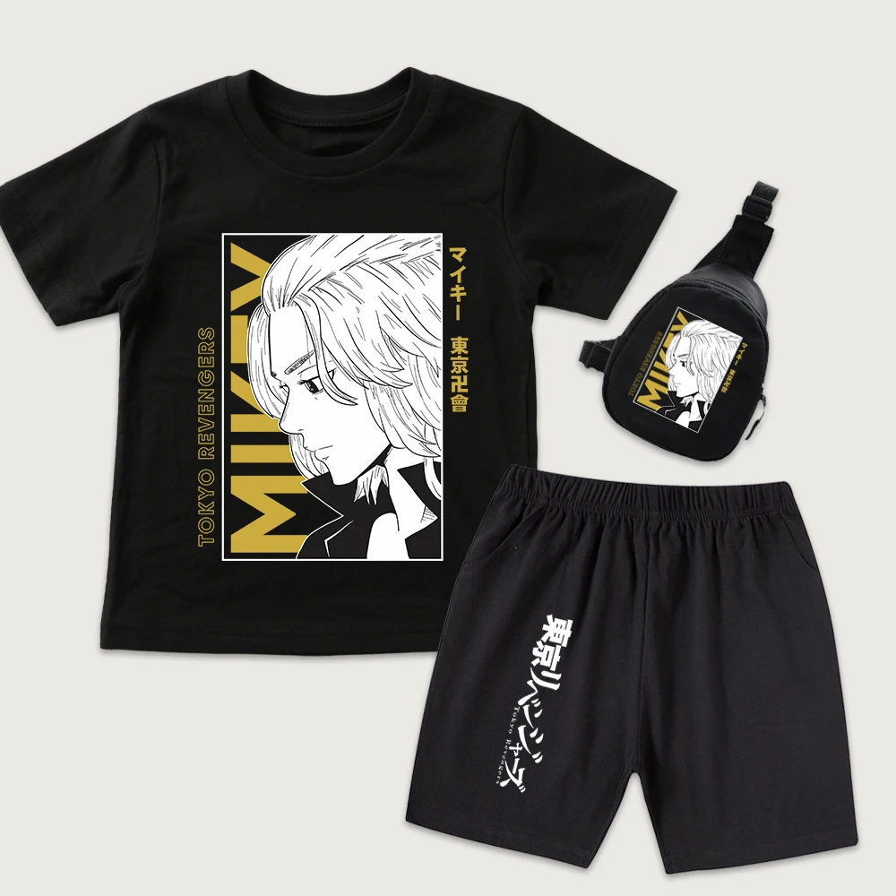 Tokyo Revengers Mikey Anime Print Kids Cotton T Shirt Shorts Mini Chest Bag 3 Piece Set for Boys Girls Casual Summer Outfit