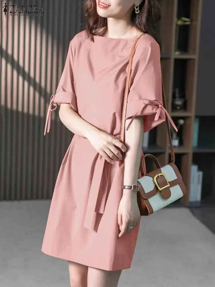 

ZANZEA 2024 Summer O-neck Bandage Vestidos Women Solid Belted Dresses Fashion Short Sleeve Robe Casual Loose Wrapped Cuff Robes