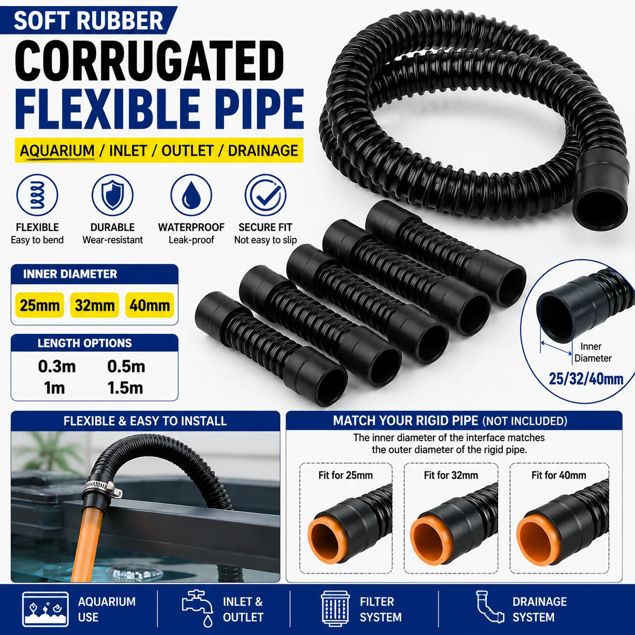 Aquarium Corrugated Hose Flexible Water Hose with Soft Rubber Ends for Fish Tank Inlet Outlet Drainage 20 25 32 40 50mm