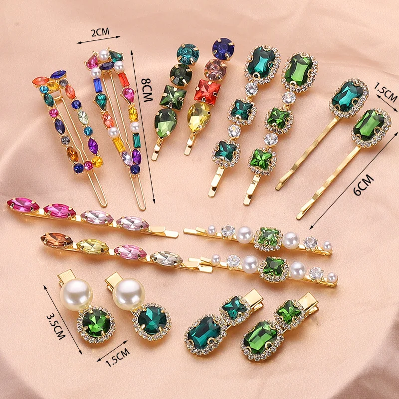 Luxury Elegance Women Green Pink Geometric Crystal Rhinestones Metal Barrettes Hairpins Bobby Pin Hair Clip Hair Accessories