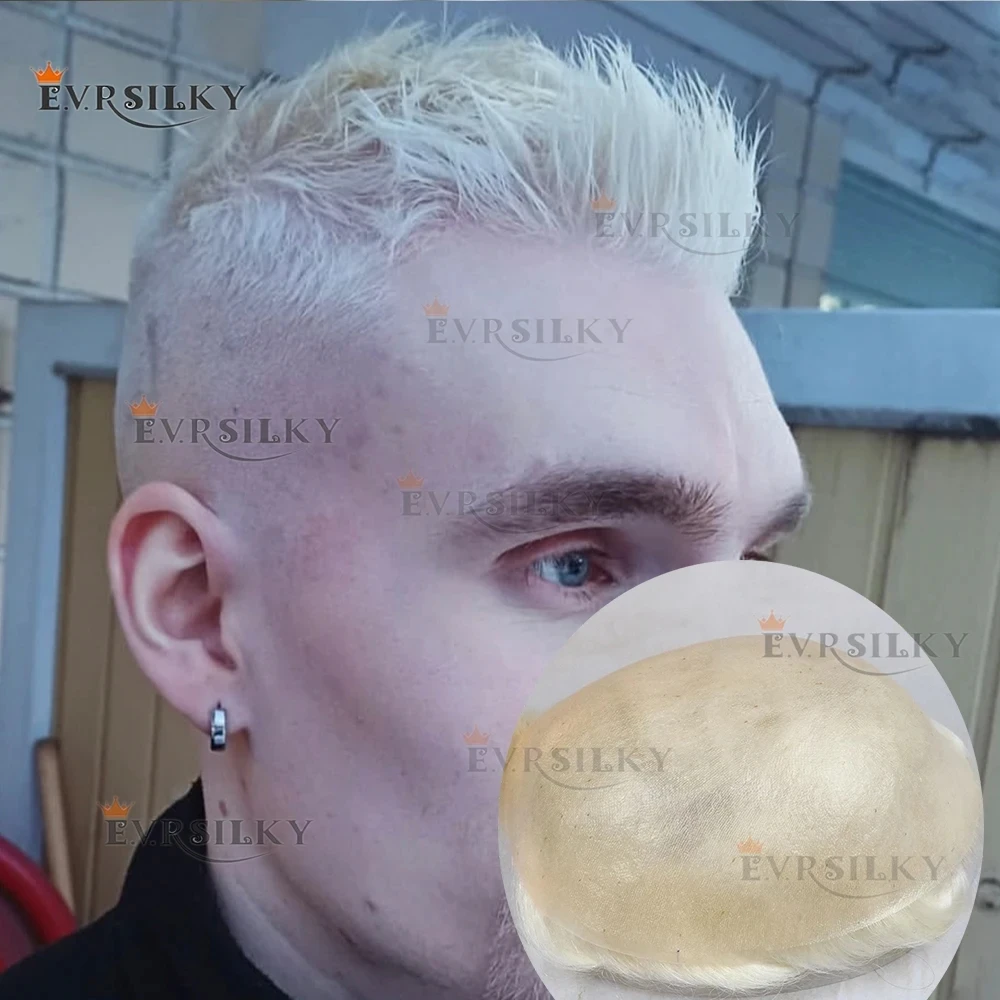 Ultra Thin 0.02mm Skin 80-90%Density Silicon Transparent PU Toupee for Men 1B80 White Grey 565# 520# Remy Human Hair Prosthesis