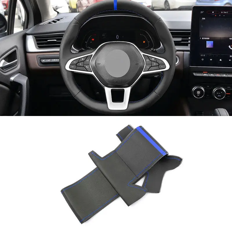 For Renault Clio 5 (V) Zoe Captur 2019 2020 Hand Stitched Car Steering Wheel Cover Microfiber Leather Blue Line Protective Trim