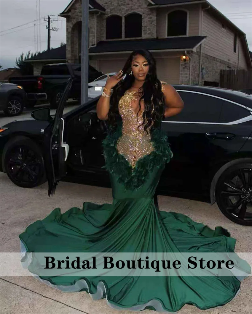 Luxury Emerald Green Mermaid Prom Dress Elegant Crystal Beaded Feather Black Girls Birthday Party Evening Gowns Custom