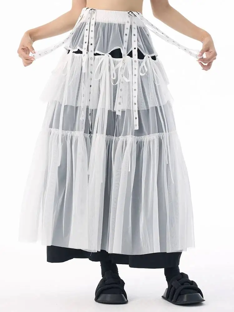 مرونة عالية الخصر القهوة شبكة منظور الشريط حزام نصف الجسم تنورة المرأة موضة المد جديد ربيع الخريف