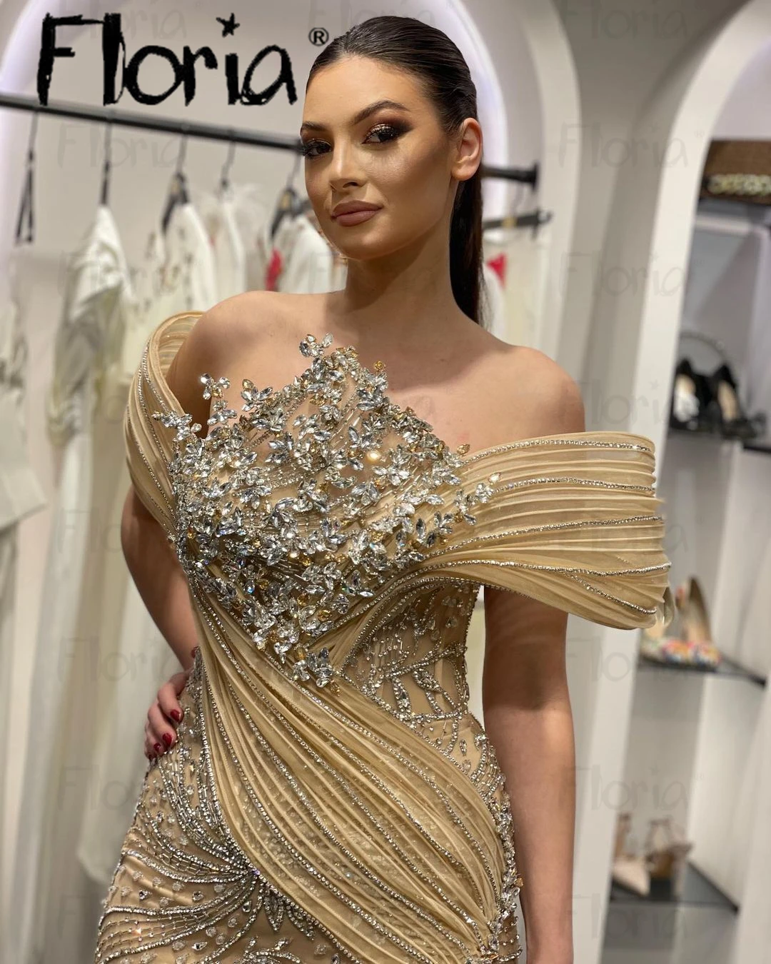 Floria Ruffles Sleeve Nude Champagne Evening Dress Sparkle Crystals Women Wedding Guest Night Gowns Dubai Luxury Bride Prom Gown