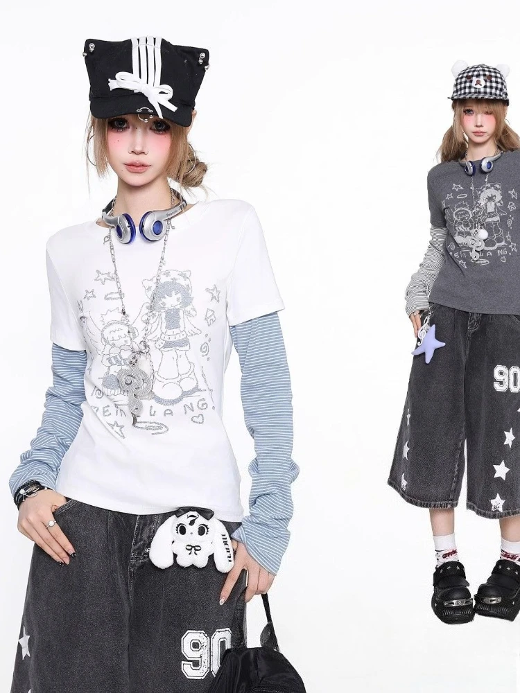 HOUZHOU Harajuku Japanese Style T-Shirts Women Y2k False Two-piece Striped Tees Vintage Loose Gothic Graphic T-Shirt Streetwear