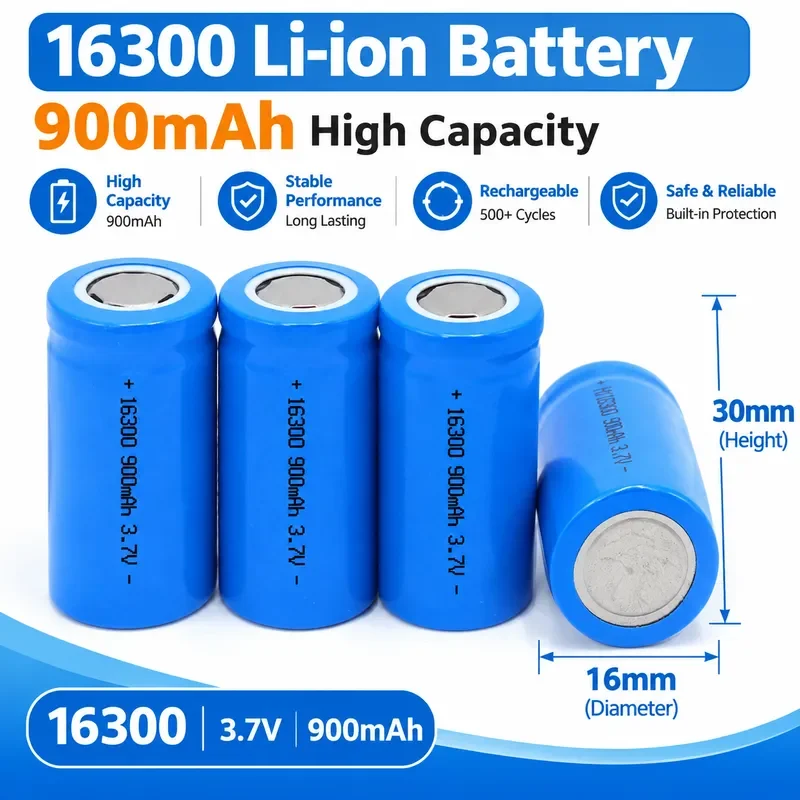 100PCS For 16300 Cylindrical Lithium Battery 3.7V 900mAh Rechargeable Li-ion Cells Over 16300 Battery for Flashlights Toys