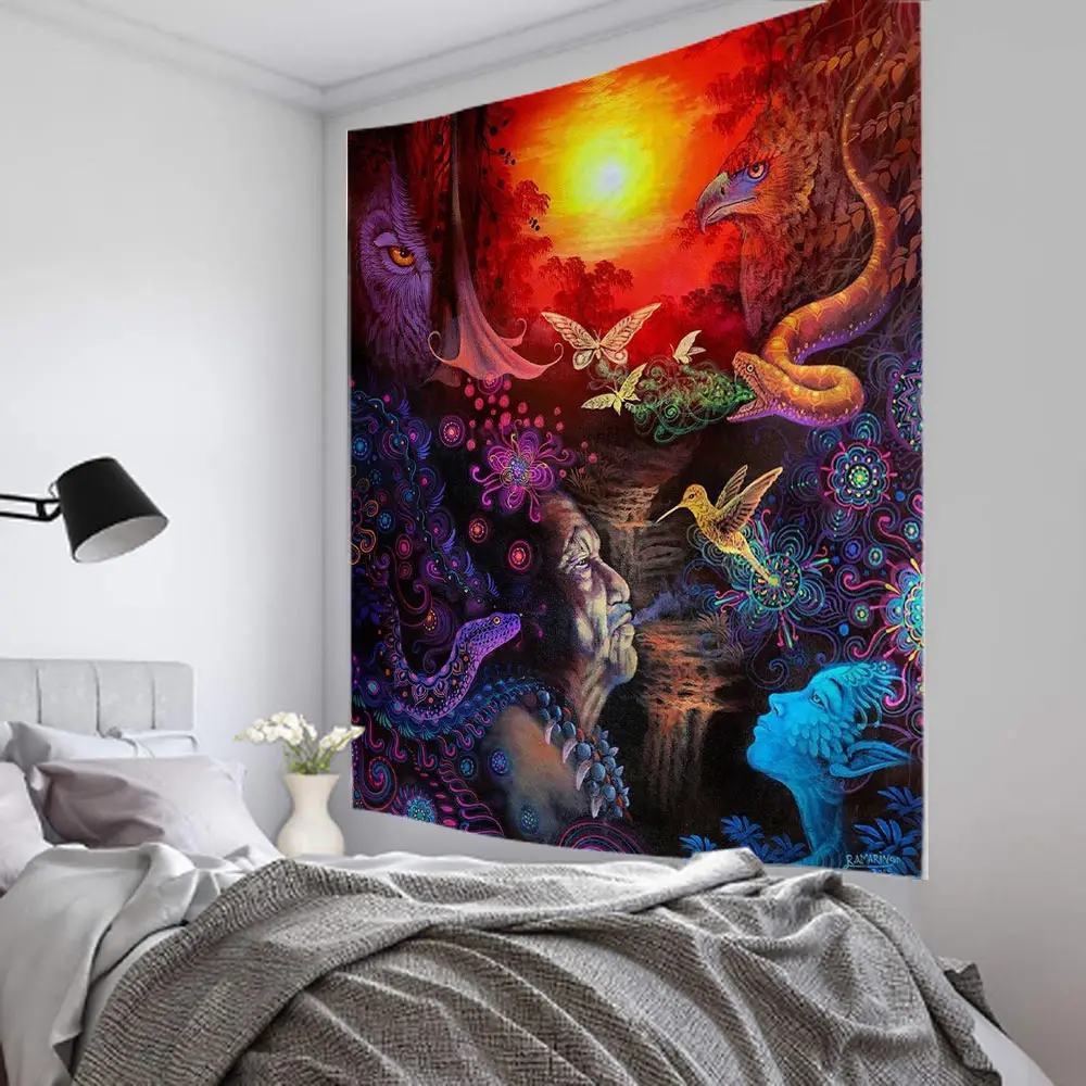 Psychedelic primitive indigenous Bohemian style decorative tapestry, home background wall decorative tapestry