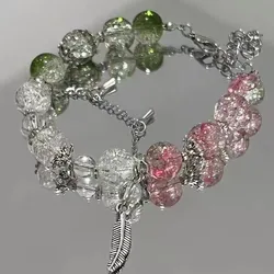 Super Fairy Pink Green Bead Bracelet for Women Elegant Butterfly Feather Tassels Chain Bracelet Versatile Sweet Jewelry