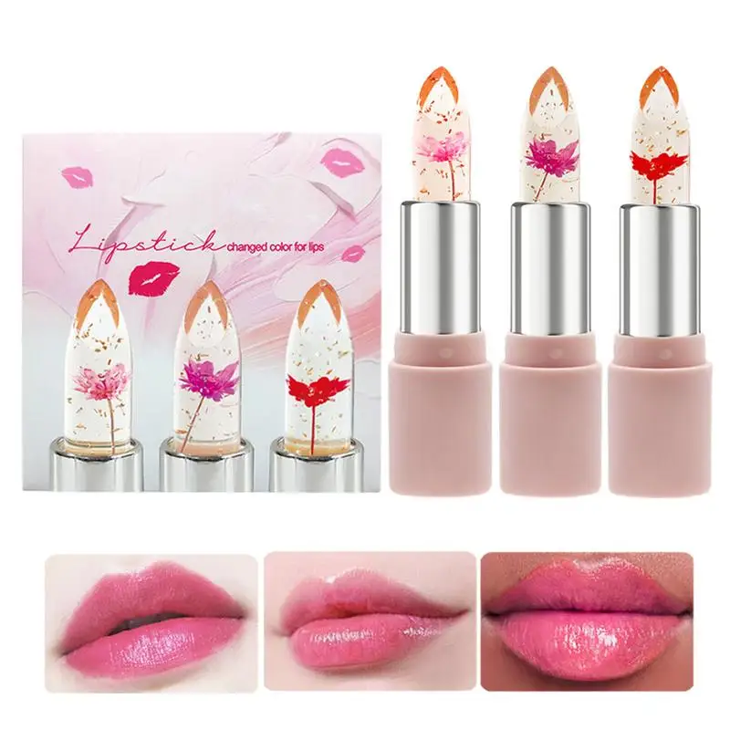 3pcs/set Jelly Color Changing Lipstick Crystal Clear Flower Jelly Lip Balm Lipstick Kits Temperature Color Changing Lip Gloss