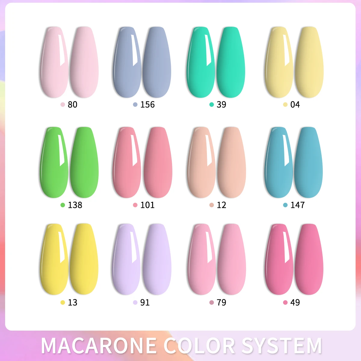 Juego de esmalte de uñas en gel macarrón de 12 piezas, con colores dulces vibrantes, acabado brillante y sin alcohol.