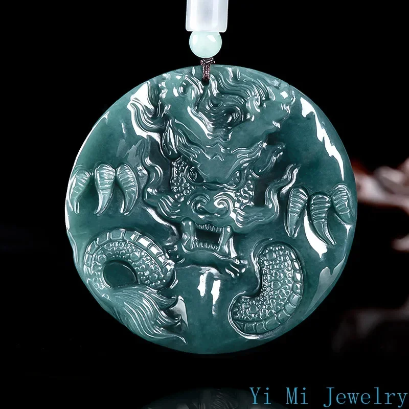 100% A-goods Jadeite Blue Water Pendant Zodiac Dragon Jade Pendant Fashion High-grade Men and Women Beads Treasure Jade Necklace