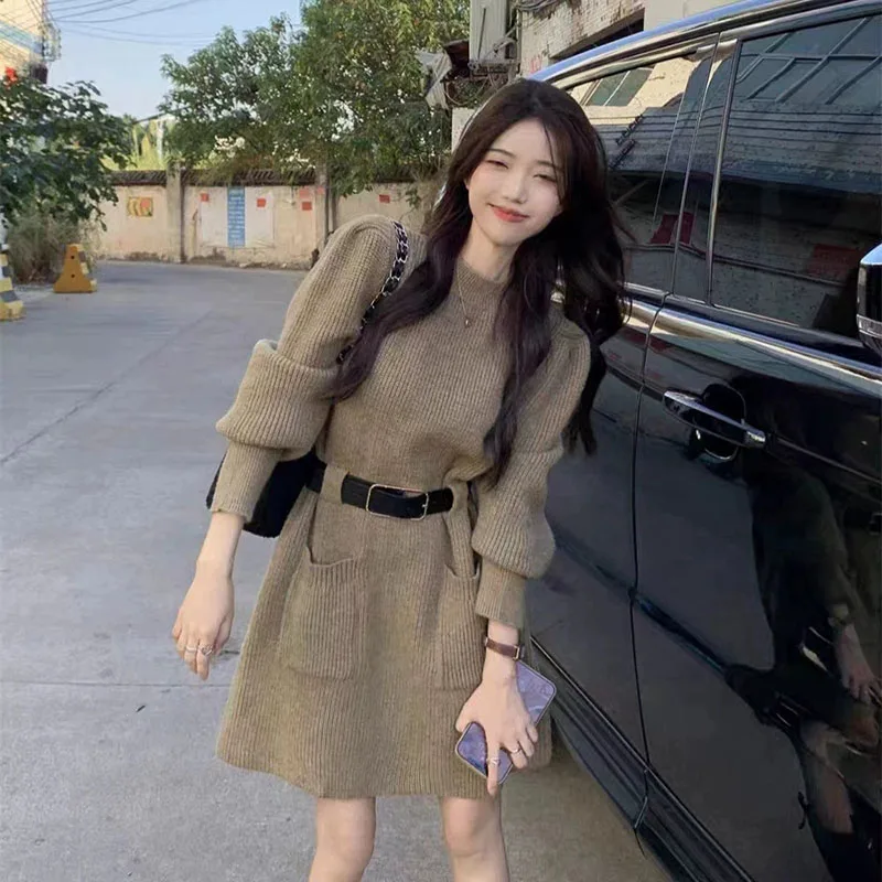 Herbst Winter Gestreiften Gestrickte Kleid Frauen Koreanische Mode Doppel Taschen Kurze Kleider Damen Casual Lose Lange Hülse Stricken Kleid