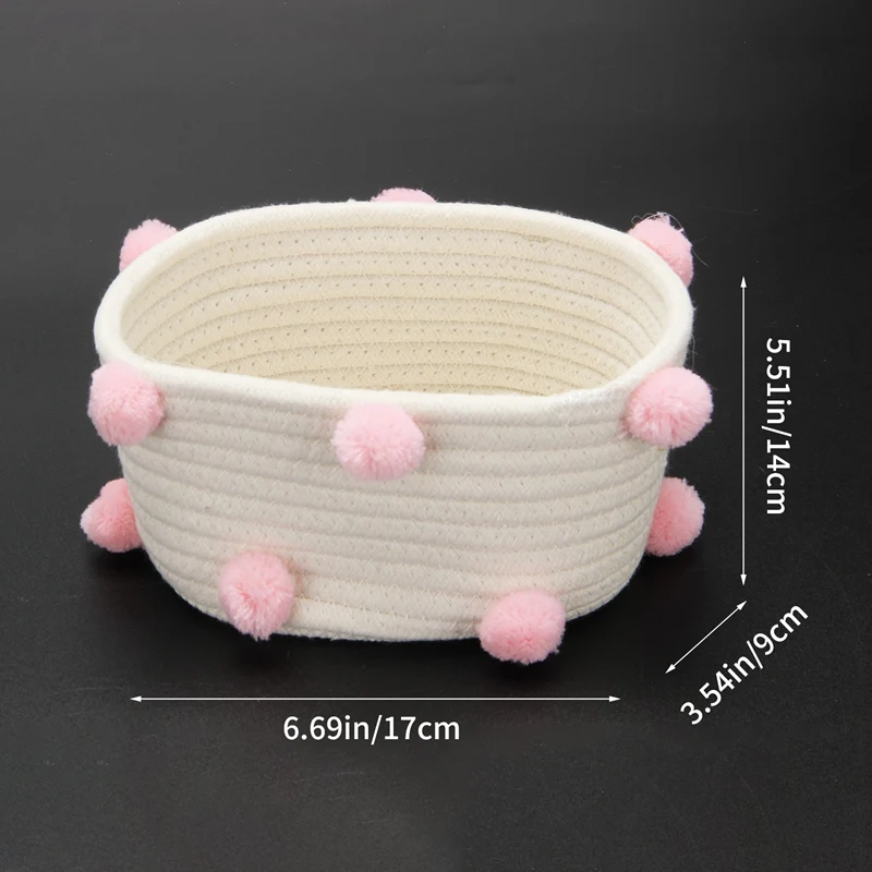 Cotton Woven Storage Basket Cute Pompom Decor Sundries Finishing Box Nordic Cosmetic Toys Organizer Frame Pink