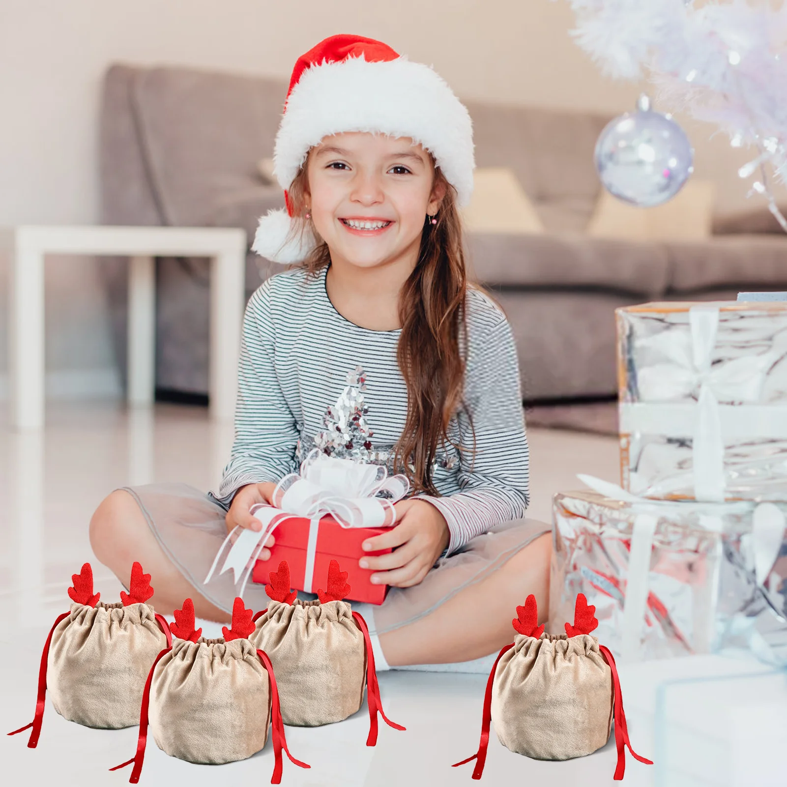 Sacchetto regalo con coulisse di renne di natale 5/10, sacchetto regalo di caramelle di babbo natale in velluto riutilizzabile, decorazione regalo