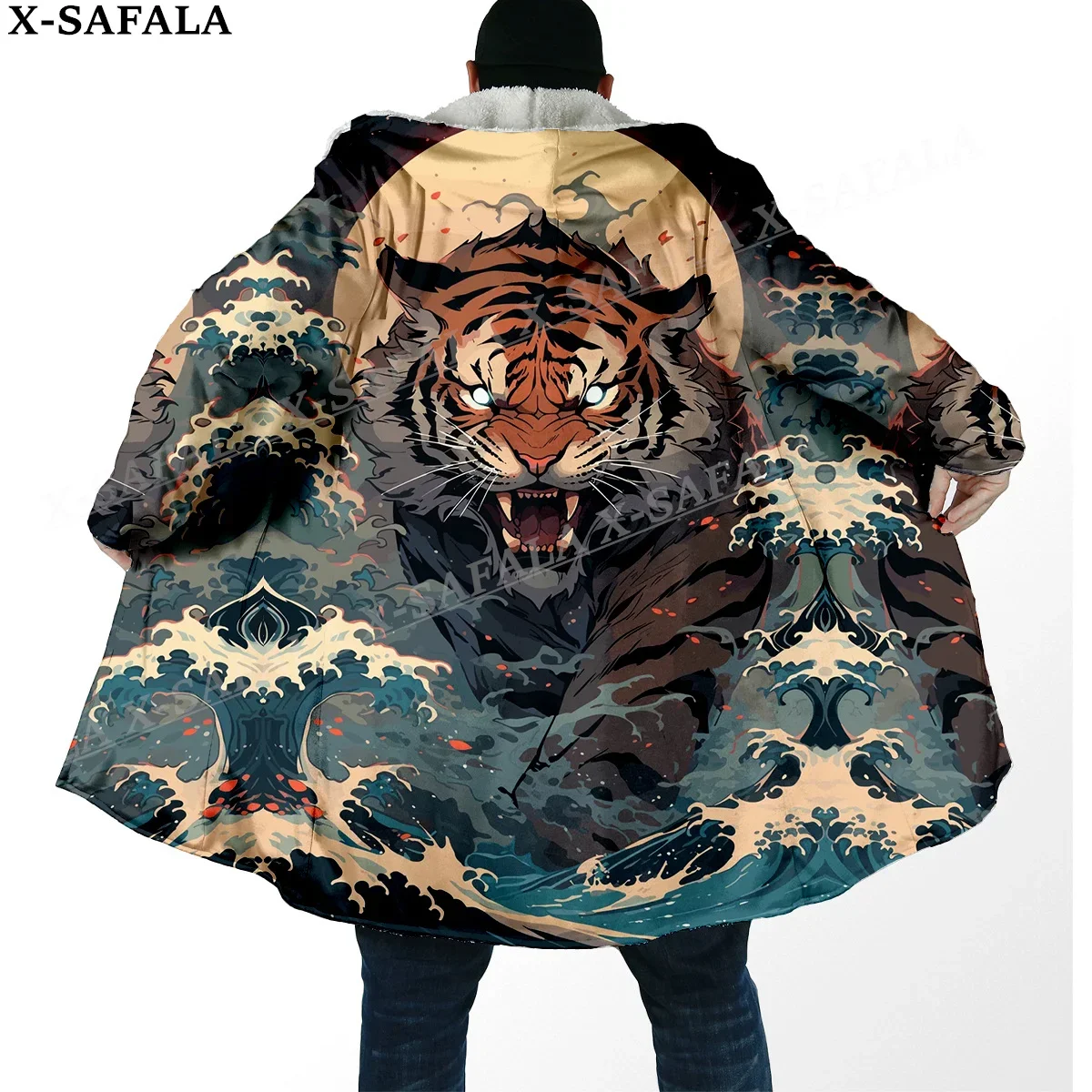 Mythology Tiger The King Spirit Thick Warm Hooded Cloak Men Overcoat Coat Windproof Fleece Cape Robe Hooded Blanket-49