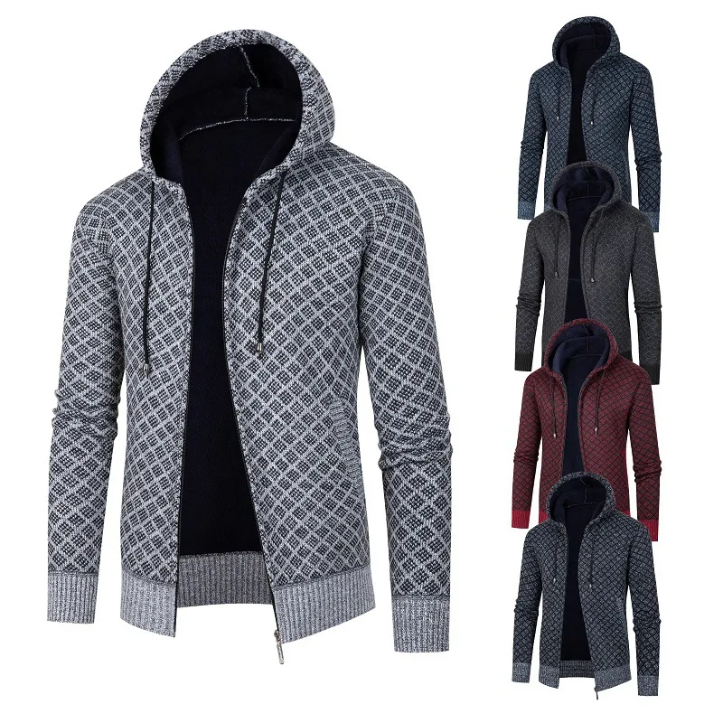 

Men's Thicken Plus Fleece Slim Fit Hooded Jacket Spring Autumn Casual Warm Knitted Outerwear Vintage Plaid Zip Up Cardigan Coats
