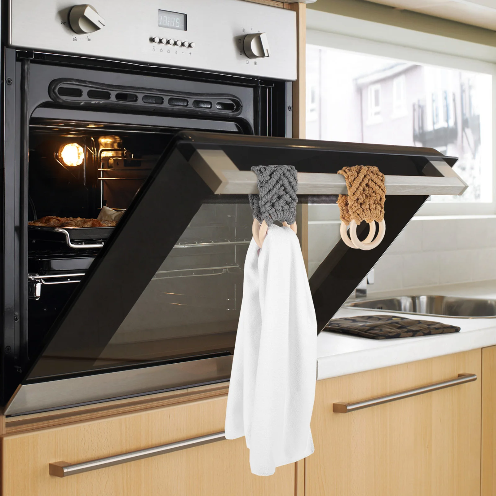 

3 pcs Woven Ring Macrame Dish Hanger Loop Handmade Bathroom Kitchen Storage Organizer Dish Holder Boho Towel Holder