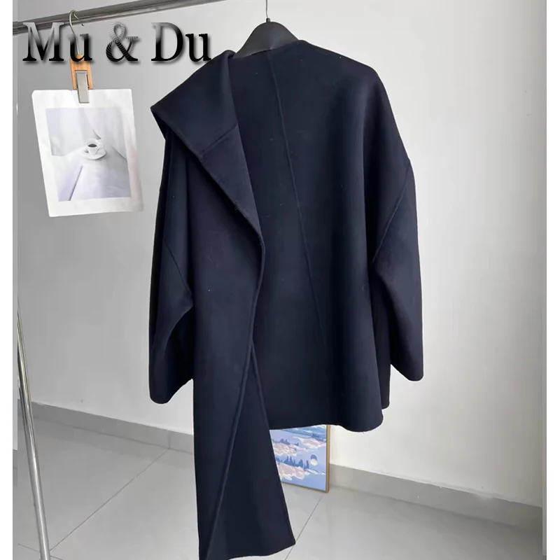 New Autumn Winter Deep Blue Wool Cowl Neck Scarf Wrap Shoulder Coat Jacket Casual Style Women's Fashion Outerwear Tops