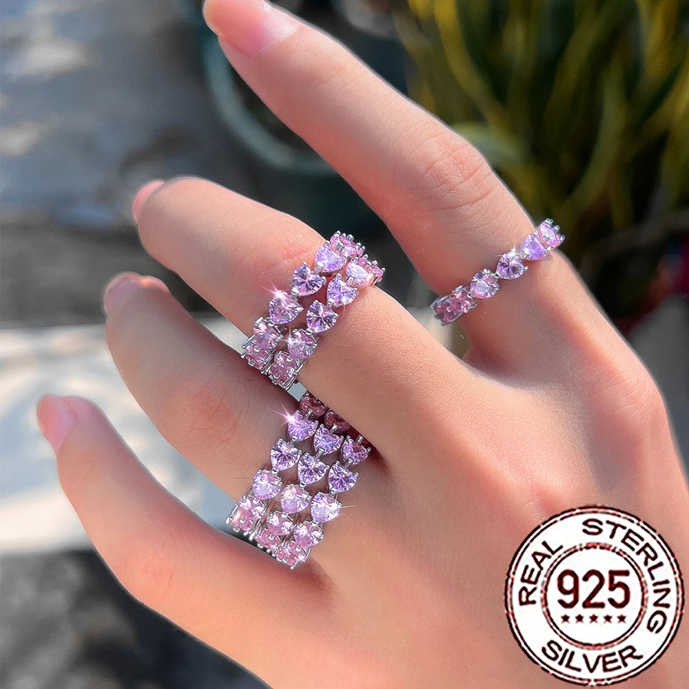 QooLady 925 Sterling Silver Elegant Full Pink Cubic Zirconia Heart Shape Finger Rings for Women Wedding Party Jewelry Gift SR079