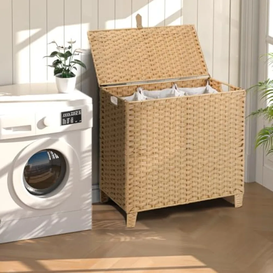 

180 L Wicker Laundry Hamper with Lid 3 Section Extra Large HandWoven Synthetic Rattan Wicker Laundry Basket with Removable Line