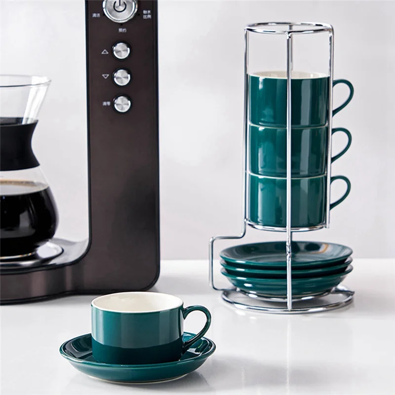 

AA21-Porcelain Stackable Cappuccino Cups With Saucers And Metal Stand, Espresso Cups For Latte Coffee Cafe,Specialty Coffee