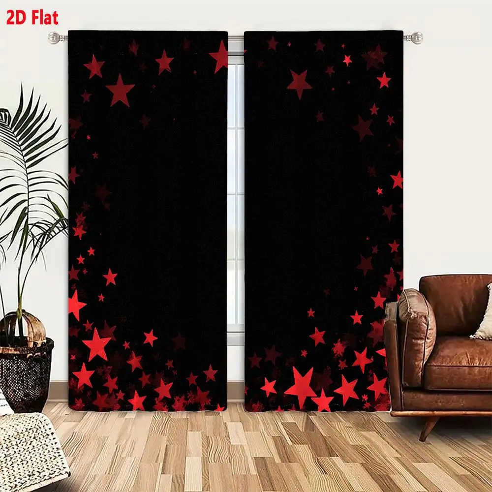 2Pcs Curtains 2D Flat Dark Background With Red Stars Border Festive Design Element Window Drapes for Bedroom Room Decor Decorati