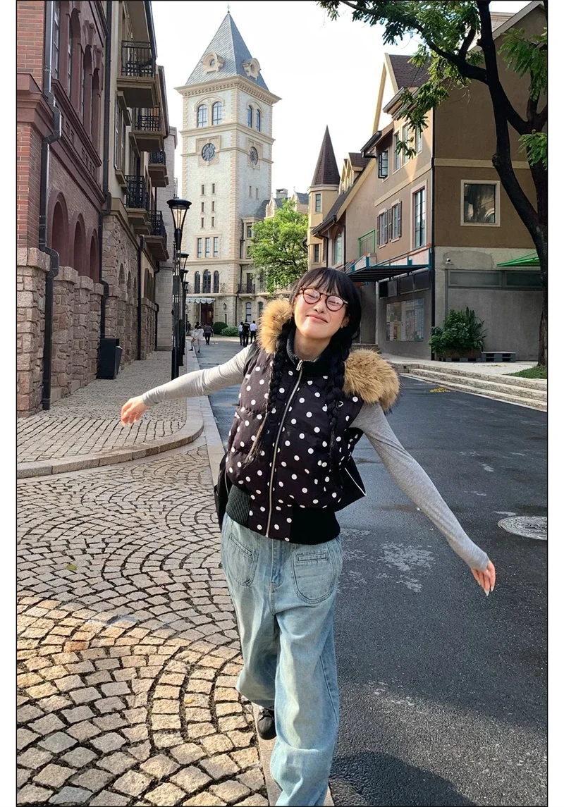 Harajuku Gothic Polka Dot Vest Jacket Fur Collar Hooded Women Fall Winter Casual Sleeveless Y2K Cotton Padded Quilted Coat Жилет