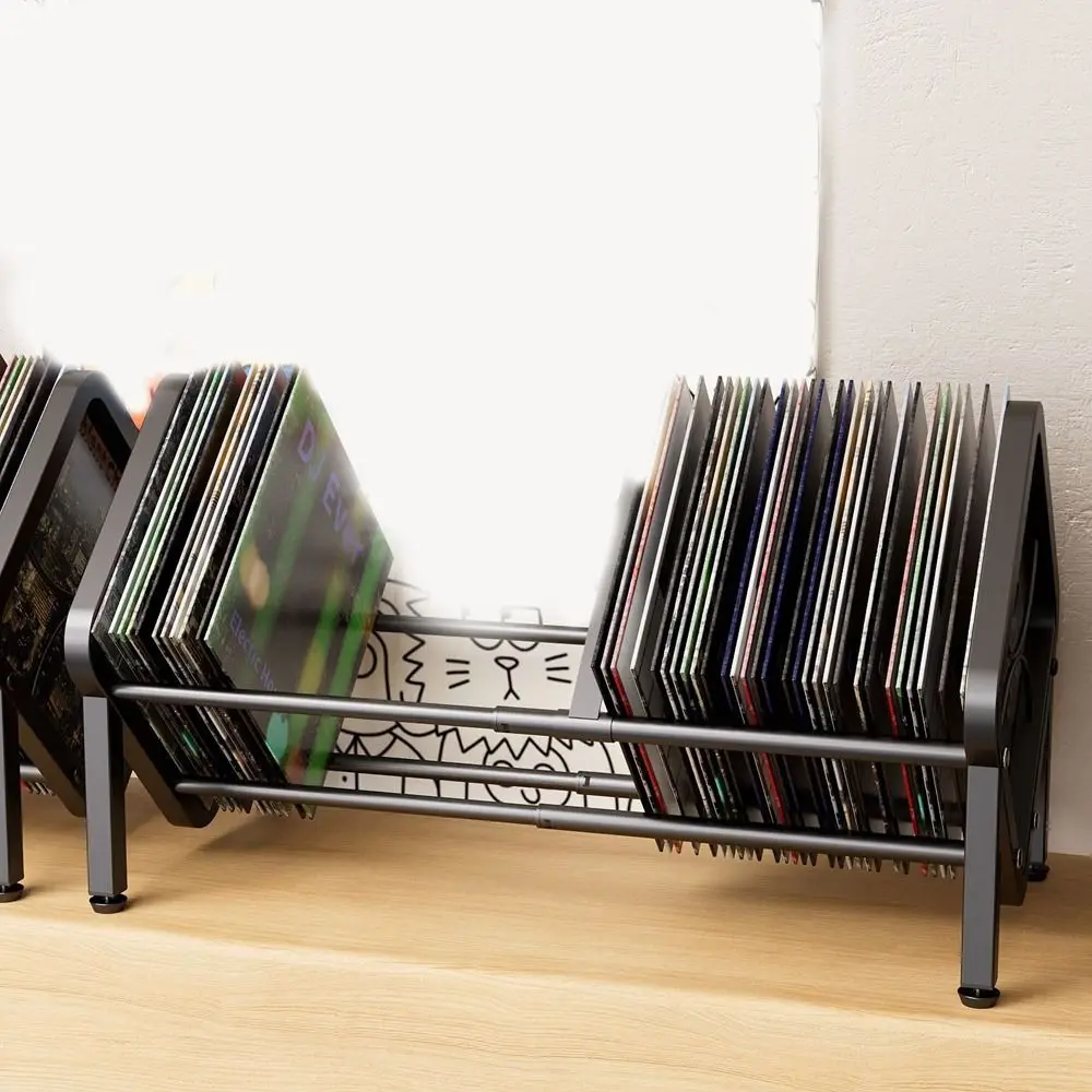 

Carbon Steel Vinyl Record Holder Black Large Capacity Vinyl Record Storage Rack Anti-slip Adjustable CD Record Display for Home