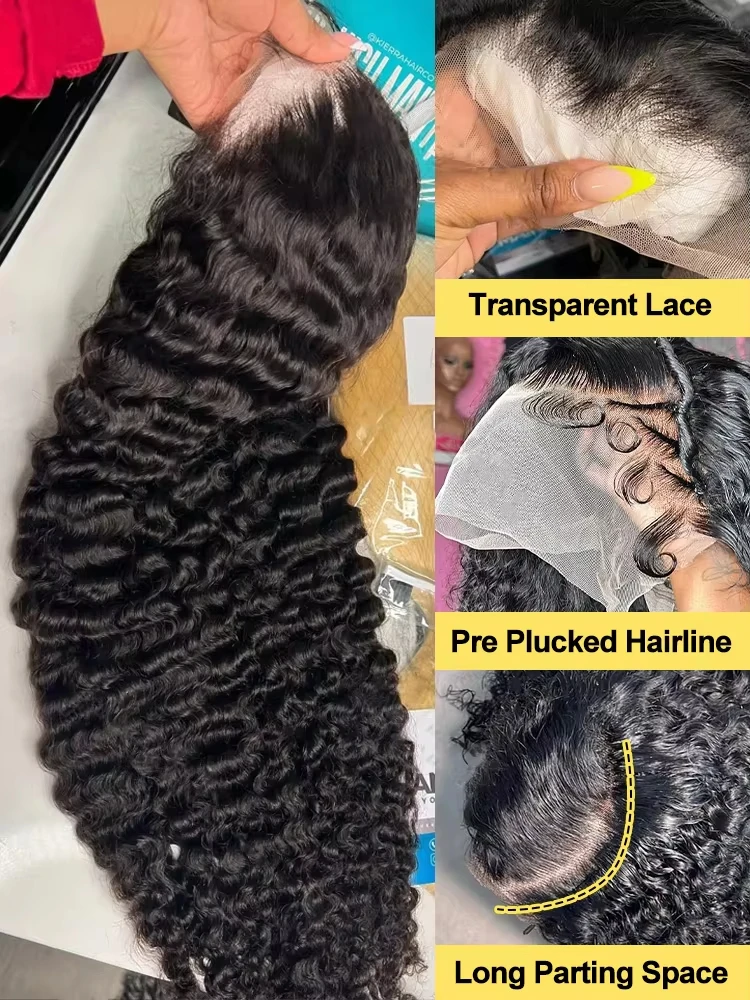 Cabello humano Onda profunda 200 Densidad 13x6 Frontal de encaje rizado 13x4 Onda de agua 30 40 pulgadas Peluca Pre desplumada HD Pelucas frontales de encaje sin pegamento