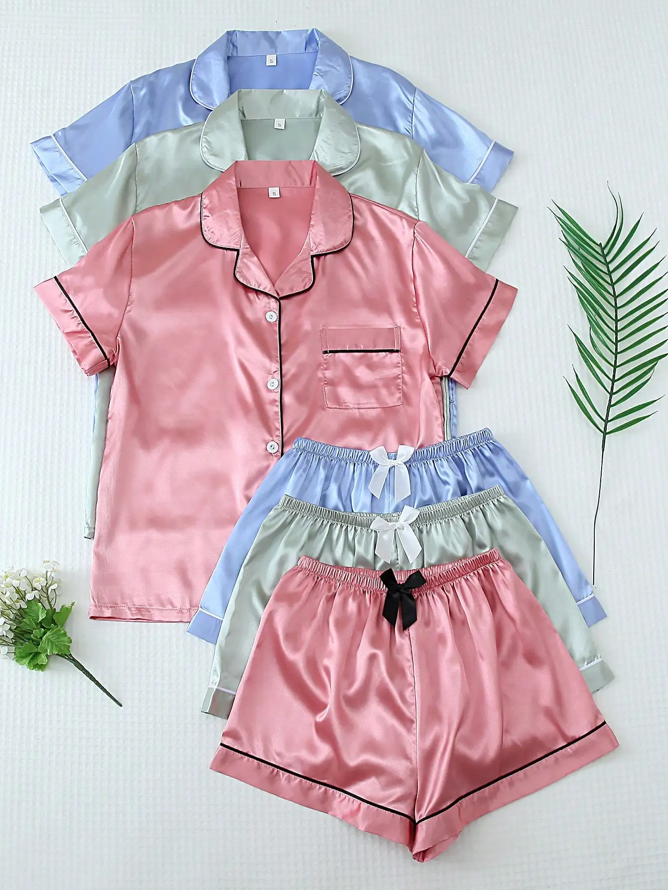 

3-Piece Satin Pajama Set: Short Sleeve Button-Up Top & Bowknot Shorts for Women