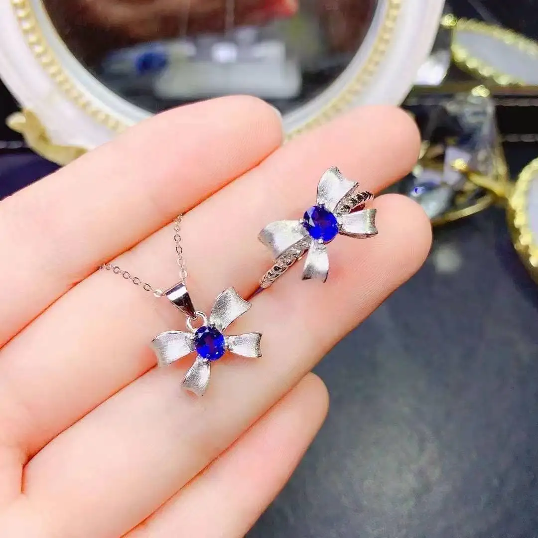 Cute Bowknot Sapphire Set 925 Sterling Silver Female Anniversary Gift Fine Jewelry 1pc ring,1pc pendant