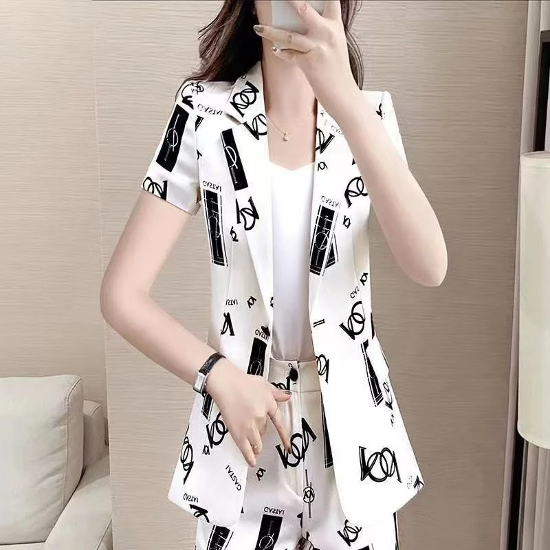 Women\'s Suit 2022 Summer New Fashion Korean Style White Clothes Pattern Printed Jacket Coat Top Shorts 2 Two Piece Set For Women