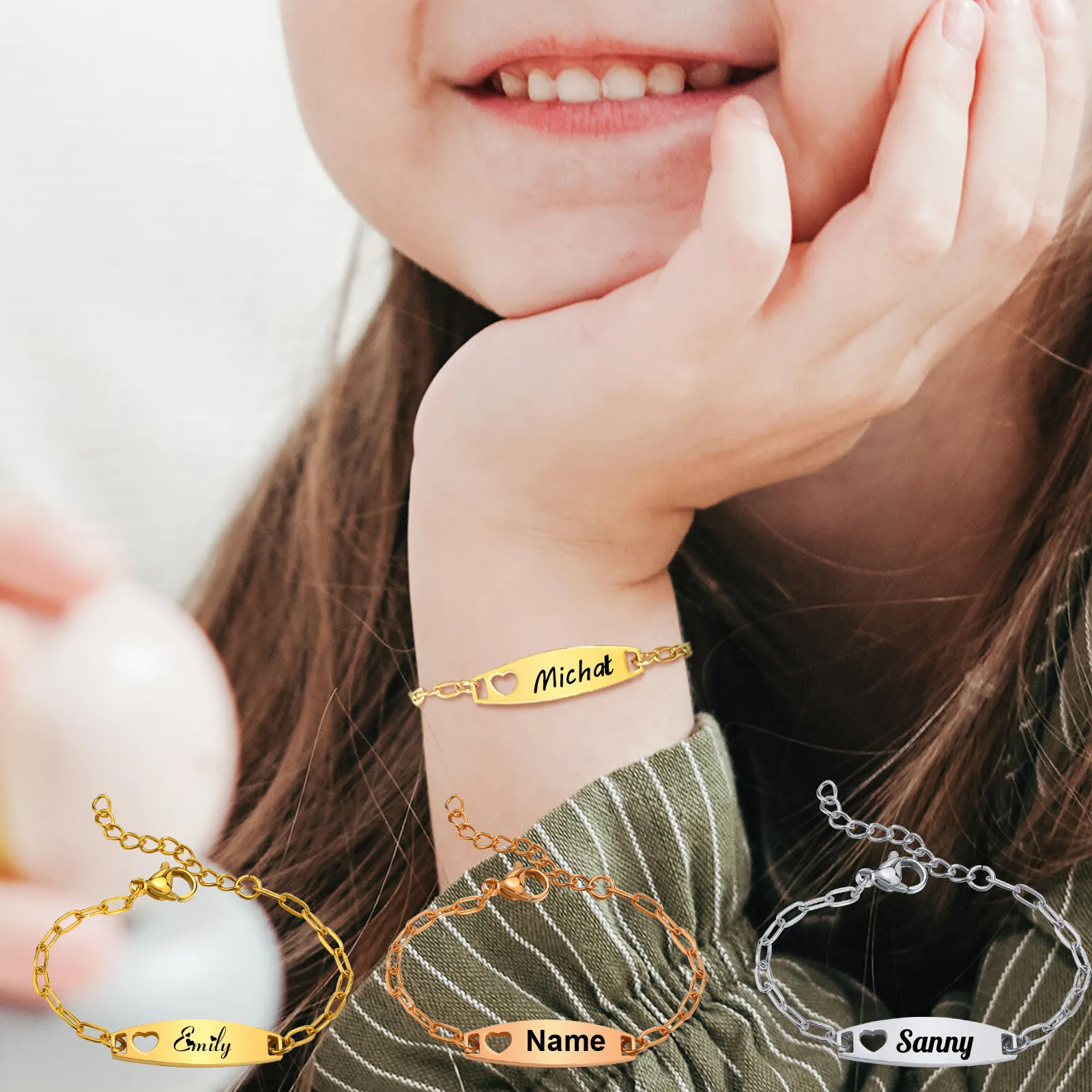 

Free Engraving Personalized Name Bracelet for Little Boy Girl, Hollow Heart Stainless Steel Chain Link, Birthday Gift