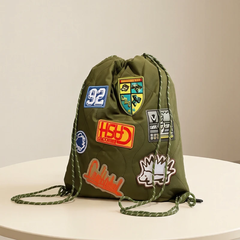 Casual Drawstring Pockets Bag For Women Luxury Designer Handbag And Purse 2026 New In Polyester Badge Underarm Shoulder Backpack