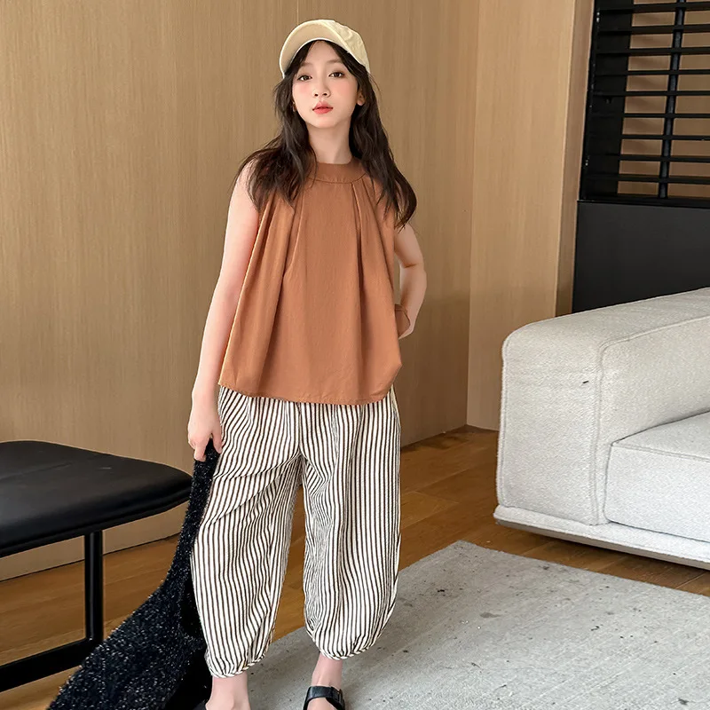 Girls Clothing Set 2025 Summer New Collection Sleeveless Top + Wide-Leg Striped Pants Trendy & Versatile Two-Piece Outfit Suit