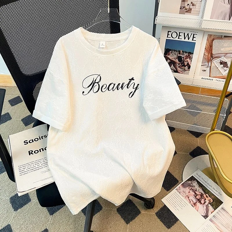 Dopne Yellow Letter Lace ort Sve T-irt ex Summer Lazy Sle Versatile f Sve Top Women's Faion Casual Wear