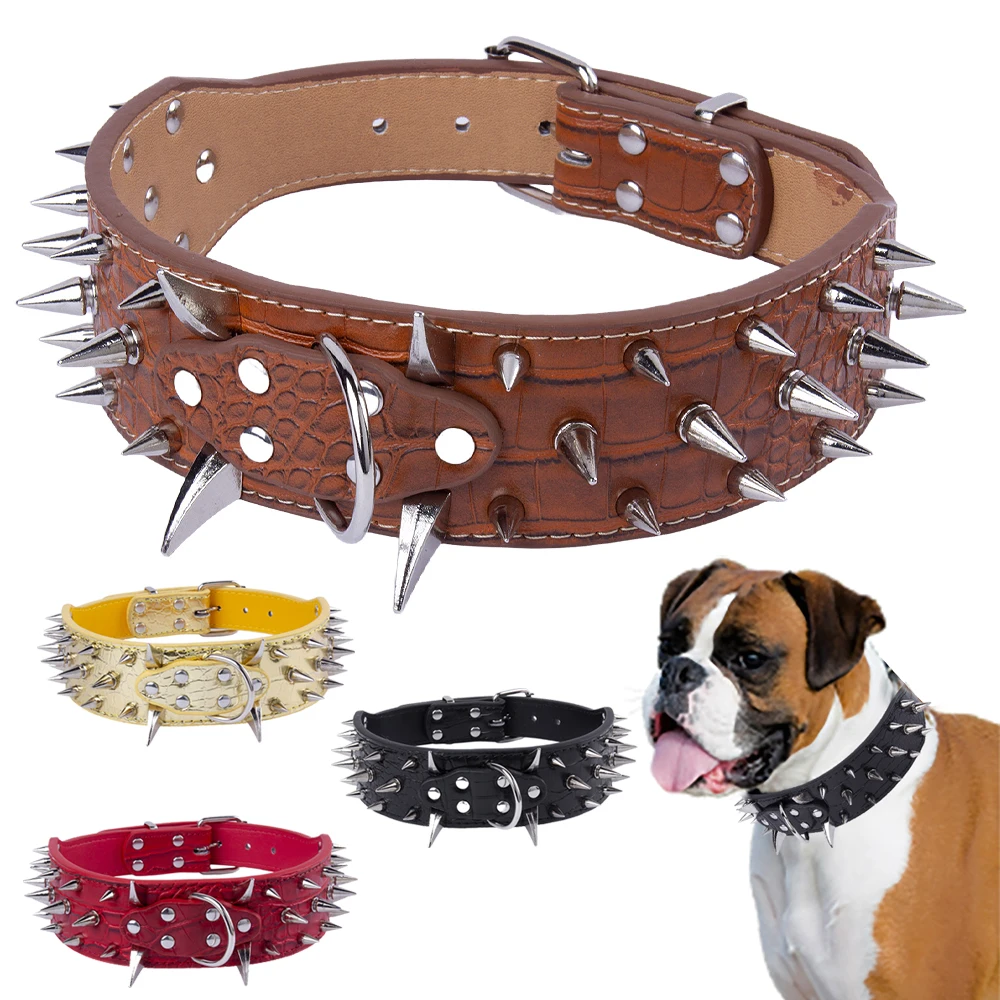 Image of 2 Zoll breites, bissfestes Hundehalsband aus PU-Leder mit Spikes, verstellbar, robust, mit scharfen Nieten, für den Outdoor-Hundespaziergang
