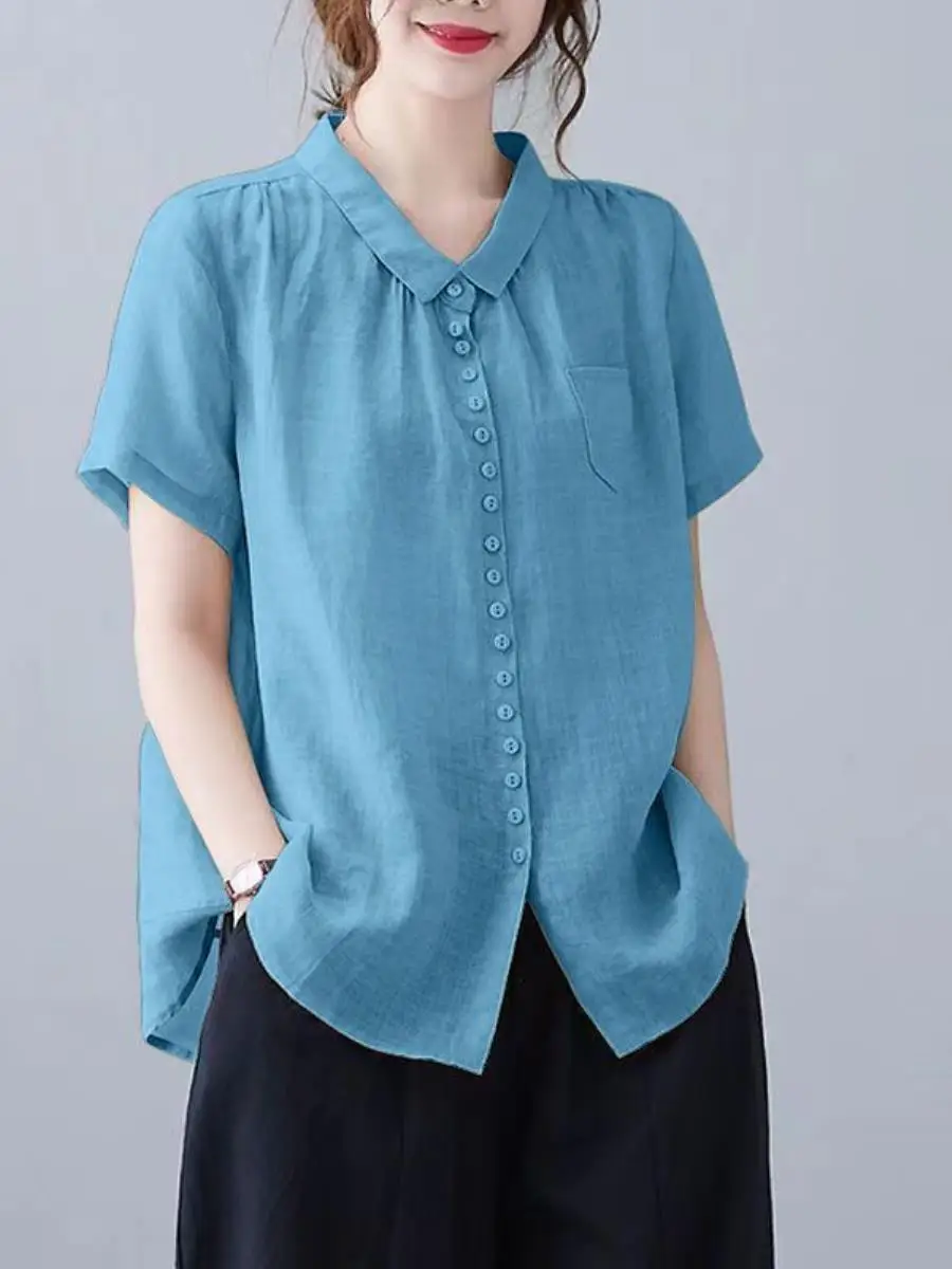 

Summer New High-End Retro Cotton Linen Shirt Women Short Sleeve Elegant Turn-down Collar Fashionable Casual Linen Top Trendy
