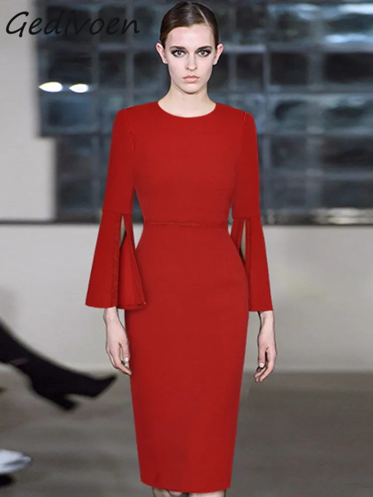 

Gedivoen Autumn Fashion Designer Red Vintage Party Dress Women's Flare Sleeve High Waist Slim Package Buttocks Slit Long Dresses