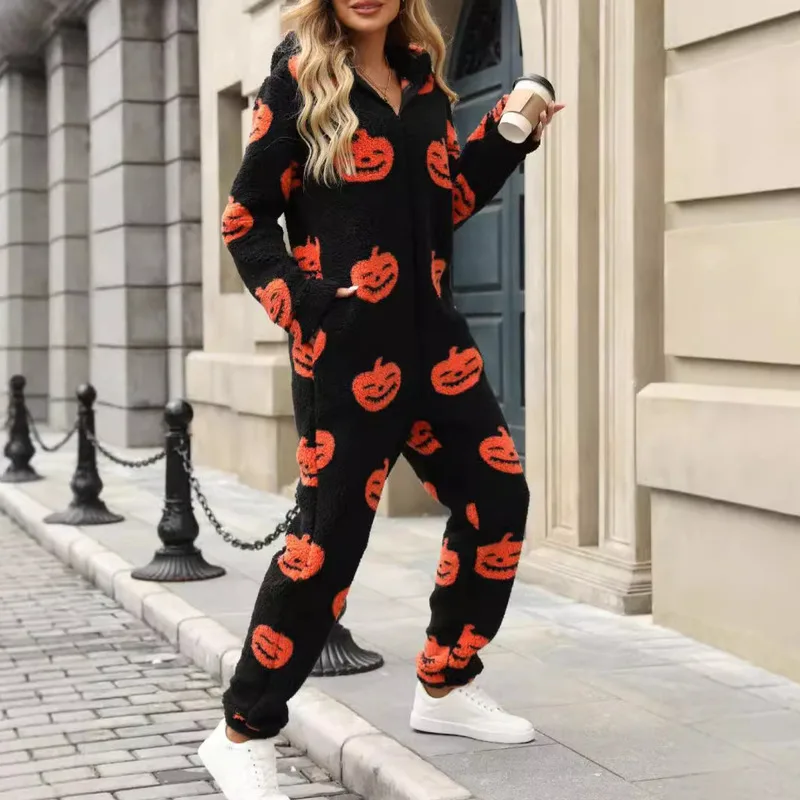 New Halloween Pumpkin Print Zipper Loose Plush Warm Jumpsuit For Autumn And Winter