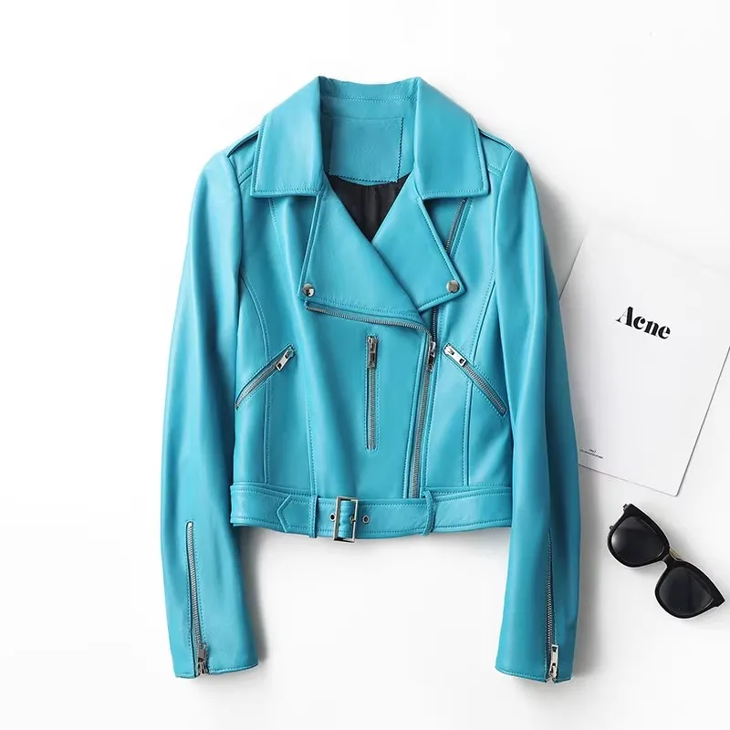 

Импортная роскошная женская куртка из овчины, осень 202, модная женская куртка на молнии с лацканами и длинными рукавами, синяя байкерская куртка из натуральной кожи, пальто