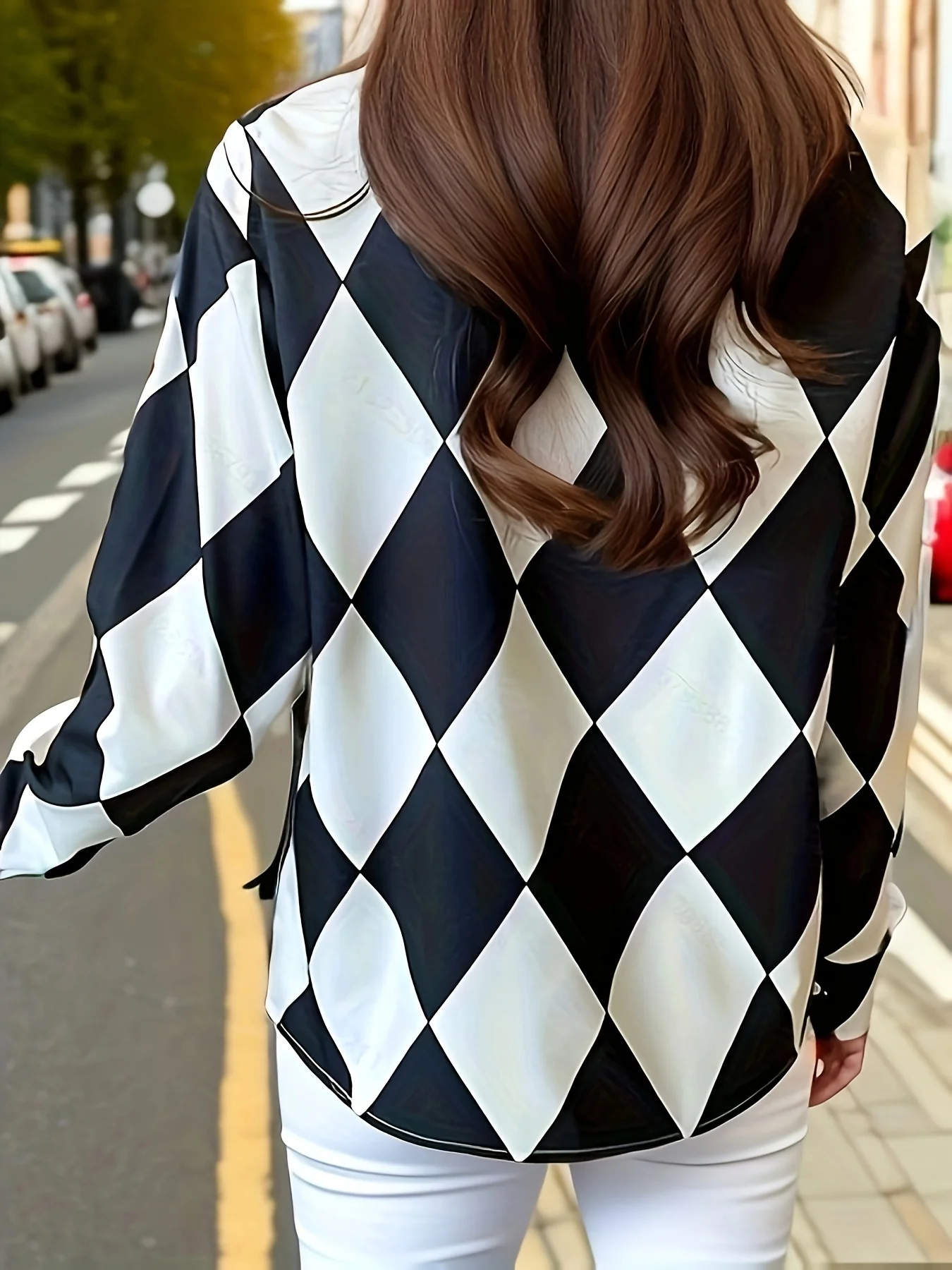 Diamond print button-front shirt, elegant color block long sleeve shirt, suitable for spring and autumn, women\'s clothing